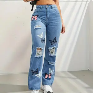 Butterfly Printing Denim Trousers Women Holes Jeans Straight Pants High Waist Loose Fit Vintage 2024 Casual Distressed Denims
