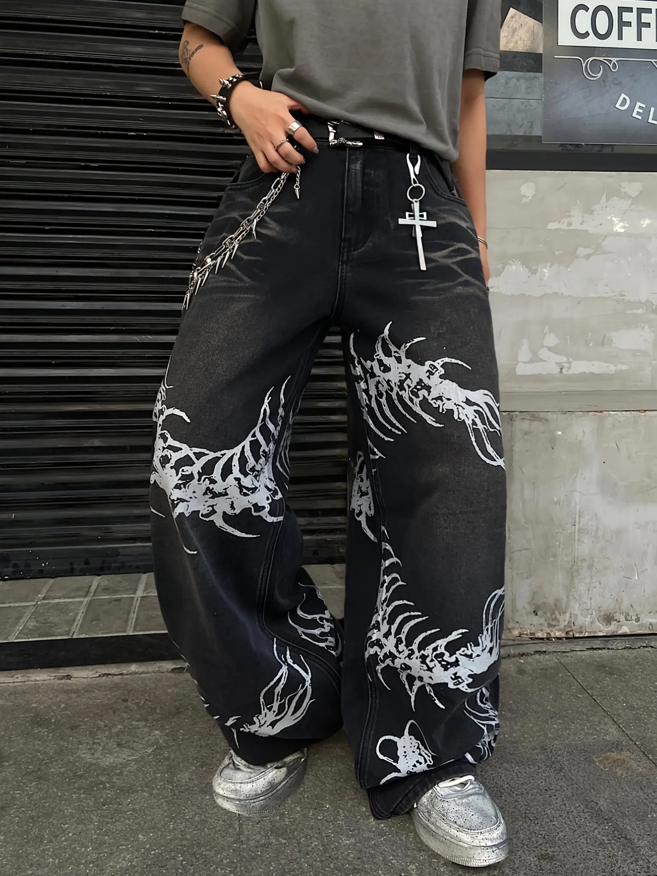 Men's Hip-Hop Print Loose Jeans Pants, Streetwear Y2K Style, Casual Daily Wear, Multiple Sizes Available, No Belt Included