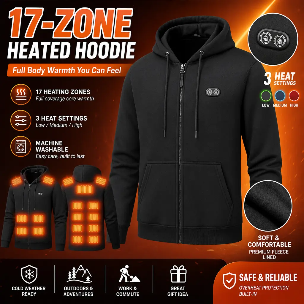 17-Zone USB Electric Heated Hoodie, Smart Dual Control Long Sleeve Soft Fleece Thermal Zipper Jacket, Lightweight Warm Tops for Cold Weather Camping, Commuting
