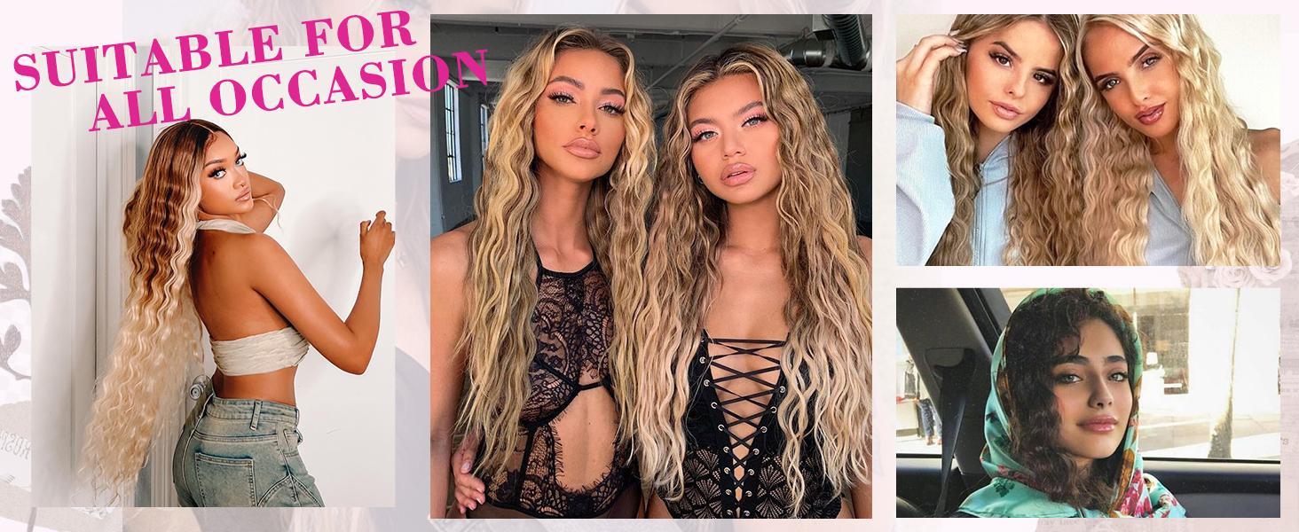 REECHO Clip in Long Wavy Synthetic Hair Extension 24 Inch 6PCS Thick Hairpieces Natural Soft Synthetic Fiber Double Weft for Women daily party