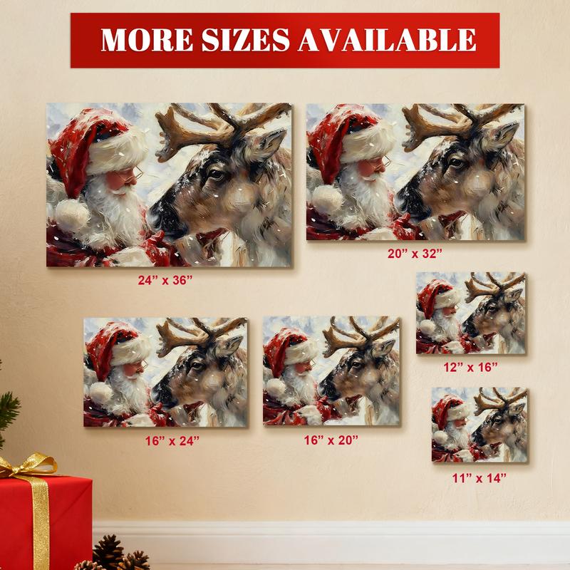 WiHoo Santa Claus Framed Vintage Christmas Canvas Wall Art Print, Rustic Winter Painting Christmas Pictures Wall Decor Christmas Gifts for Home Living Room Bedroom Decor Made in USA