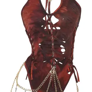 Gothic Cut Out Lace Up Bodysuit Going Out Halter Neck Rave Body Suits summer time and Fourth of July