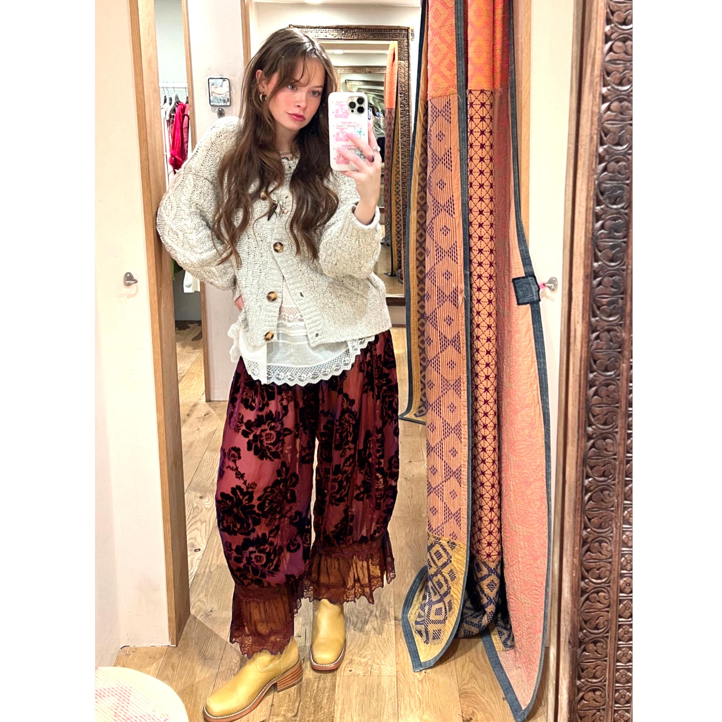 Buenoble Women's Forever Young Burnout Bloomer Pants Vintage Velvet Floral Lace Pants Soft Sheer Pull-On Pants SpringStatements