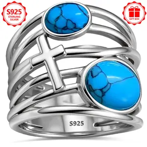A 925 sterling silver ring with a linear crossroad design inlaid with turquoise, unisex style, suitable for daily wear, all-year-round, parties, anniversaries, banquets, cocktail parties, mother's gift, comes with a fabric gift pouch