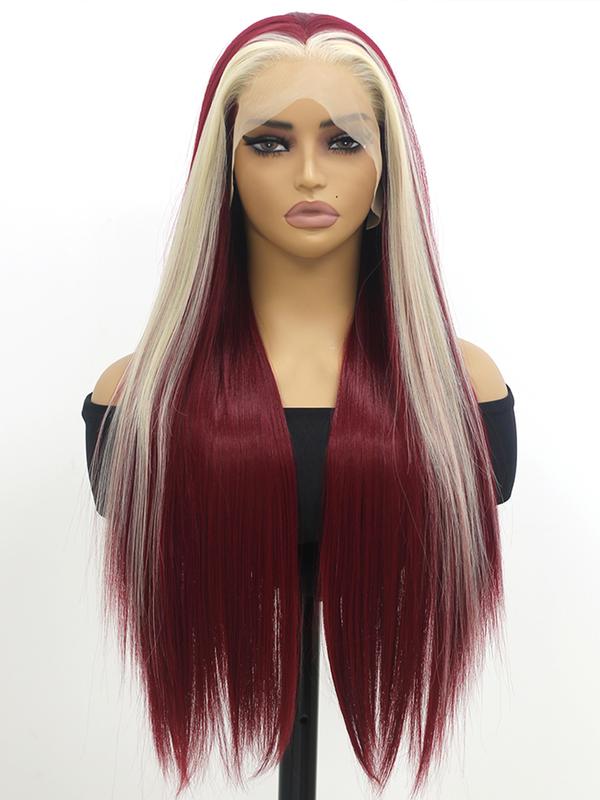 13x4 Long Red And Blonde Straight Lace Front Wigs Wine Red And Honey Blonde Skunk Stripe Wigs Middle Parting Heat Resistant Fiber Hair For Women 26 Inch, Lace Glueless Wig