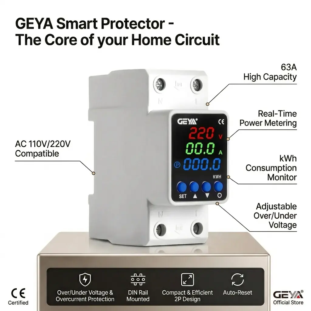 2P 63A Smart Adjustable Voltage Protector, 110V/220V with Power Metering, Energy Monitoring, Over/Under Voltage Protection, Current Limiting, Auto-Reset & KWh Consumption Metering Device