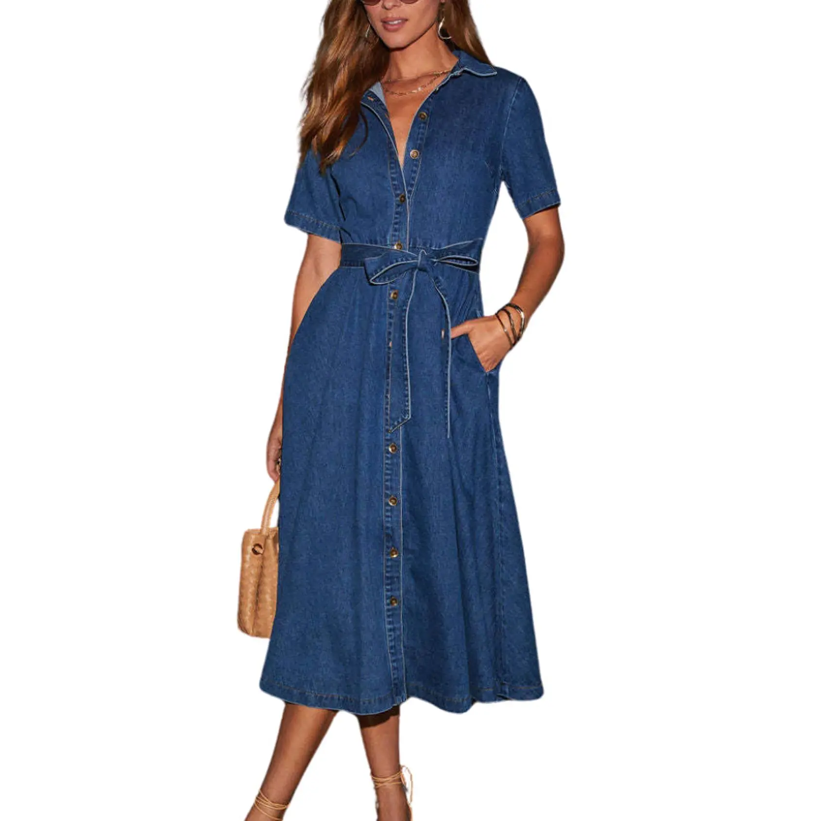 CHOUYATOU Women's Casual Shortsleeve Denim Midi, Basic A-Line Button-Down with Tie Waist and Pockets, Interview Outfits, Casual Dresses, Lady, Straw Hat, Sun Glasses, Brunch Outfit Ideas, Casual Wear