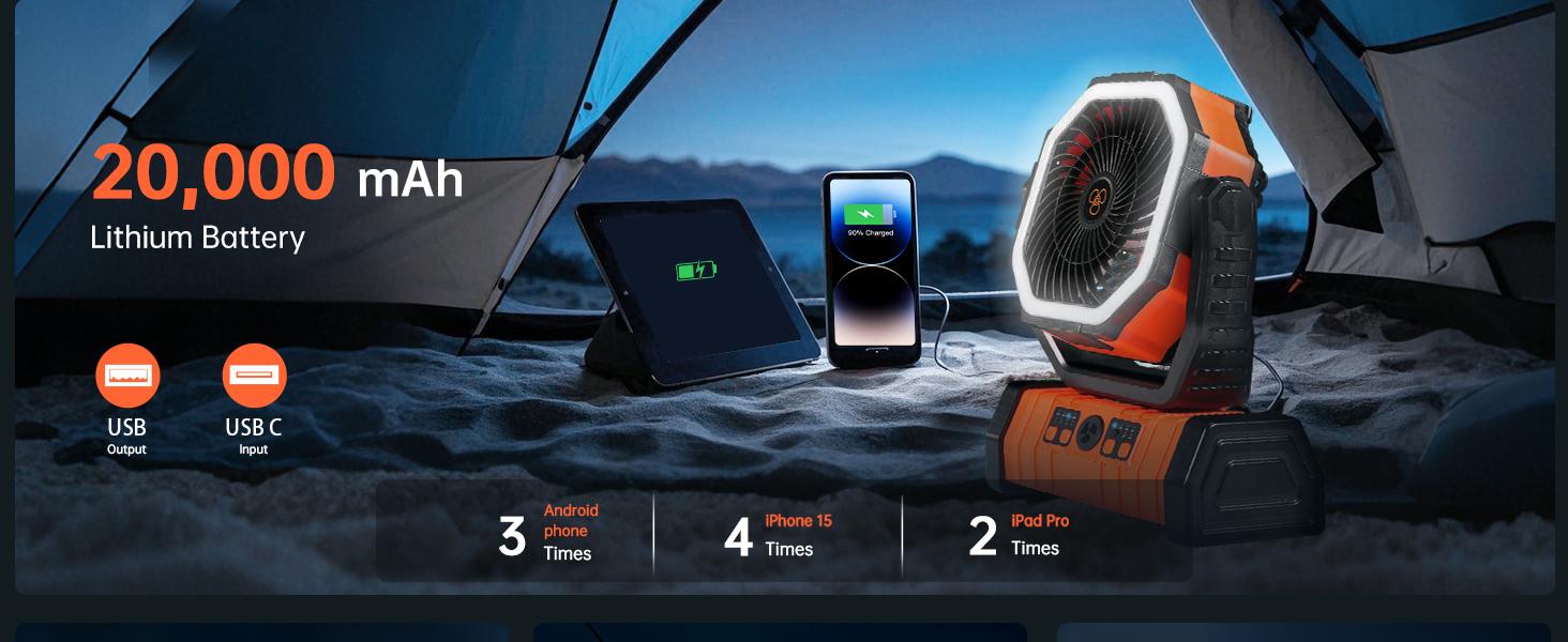 30000mAh Camping Fan with LED Light & Remote Control | Auto-Oscillating 270° Portable Power Bank Desk Fan with Hook & Timer | USB Rechargeable 4-Speed Battery Operated Outdoor Tent Fan for Camping, Travel, Beach, Emergency, Patio, Fishing & Mobile Use