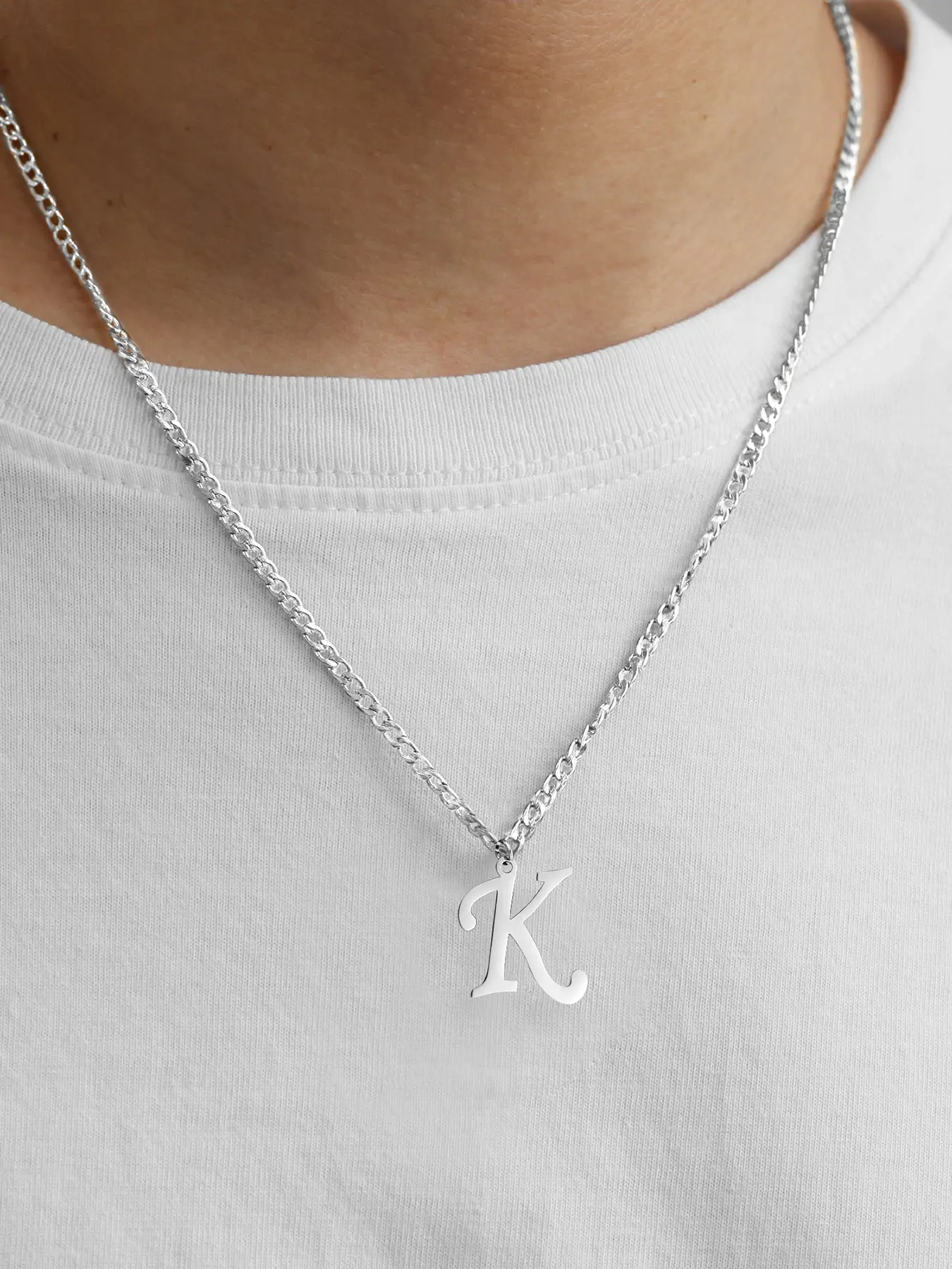 Men's Fashion Simple Silver Color Stainless Steel Chain Necklace, Letters Necklace, Initial Necklace, Large Letter Pendant, Casual Style, All Seasons Wear