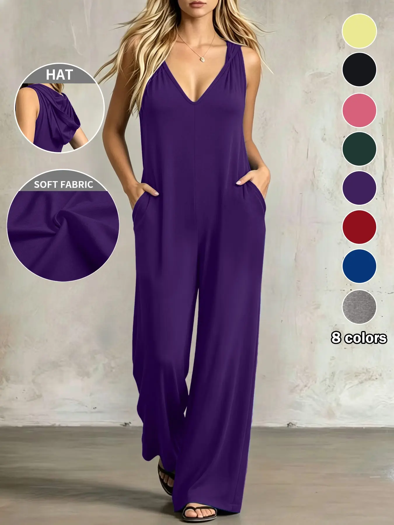 【Juicy Exclusive】Plus Size Women's Jumpsuit, 8 Colors Available, Pocket Design, Plain V-Neck, Loose Fit, Minimalist, Casual Daily Wear, Home & Outing, Everyday