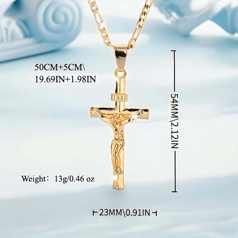 Men's Vintage 14K Gold Plated Jesus Cross Necklace, Smooth & Sturdy Chain, Versatile Religious Jewelry for Daily Wear, Parties & Gifting