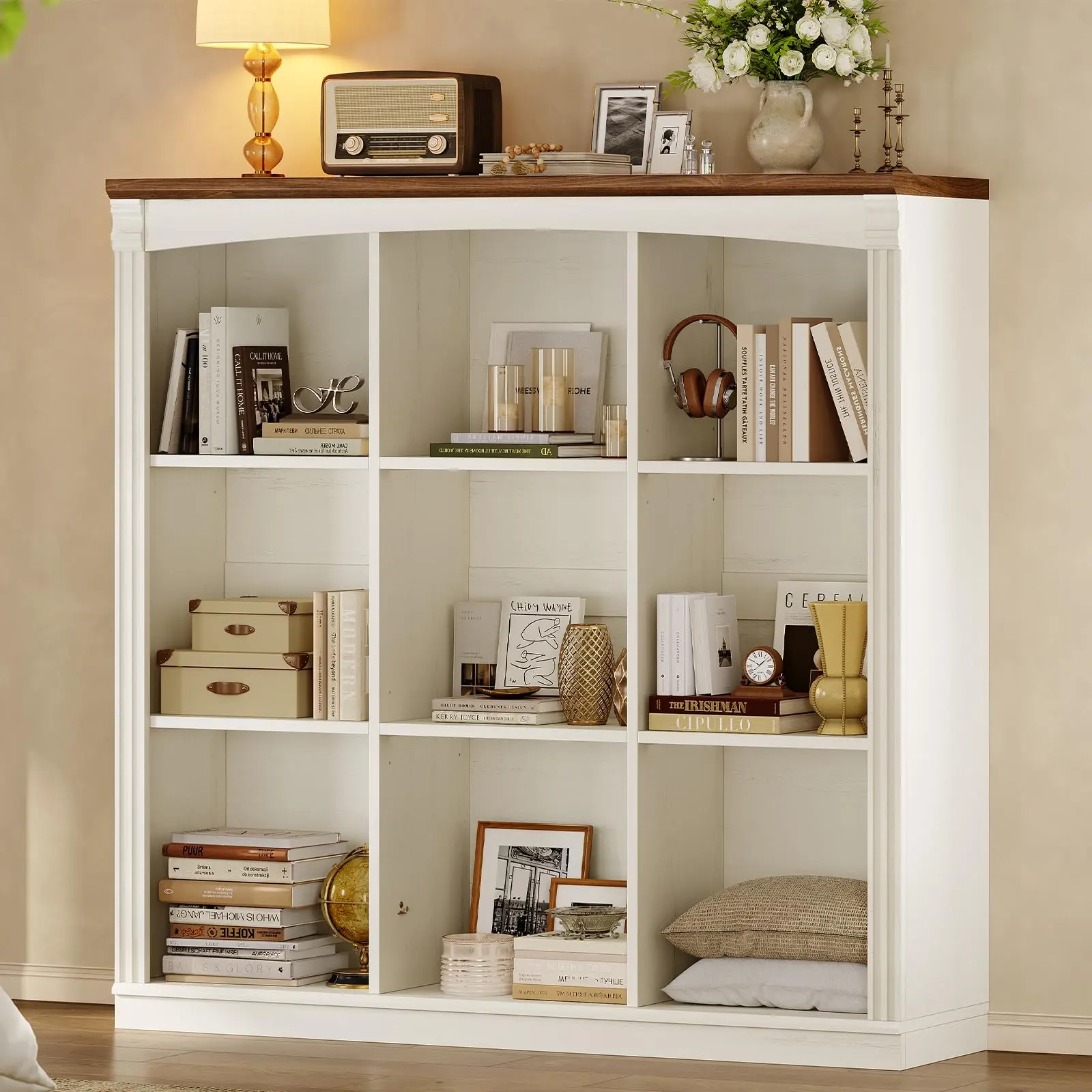 47.2''x47.9'' Wooden 9 Cube Storage Organizer Bookcase,Long Bookshelf, 3 Tiers Cube Shelf with Adjustable Shelves & 9 Open Cubbies, 2 Tiers Floor Standing Book Shelf for Living Room, Office & Home Decor, White