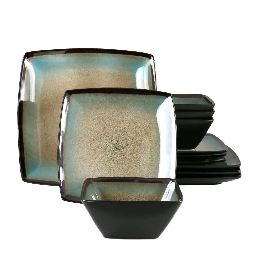 Hometrends Tequesta 12 Piece Square Stoneware Dinnerware Set in Taupe with Assorted Designs