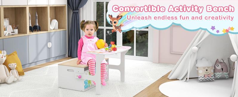 Costzon 3-in-1 Convertible Wooden Toy Storage Bench with Handle, 2 Bins for Kids Reading Nook, Toddler Table and Chair Set for Daycare Playroom Classroom,Christmas Festival Gift Black Friday Cyber Monday
