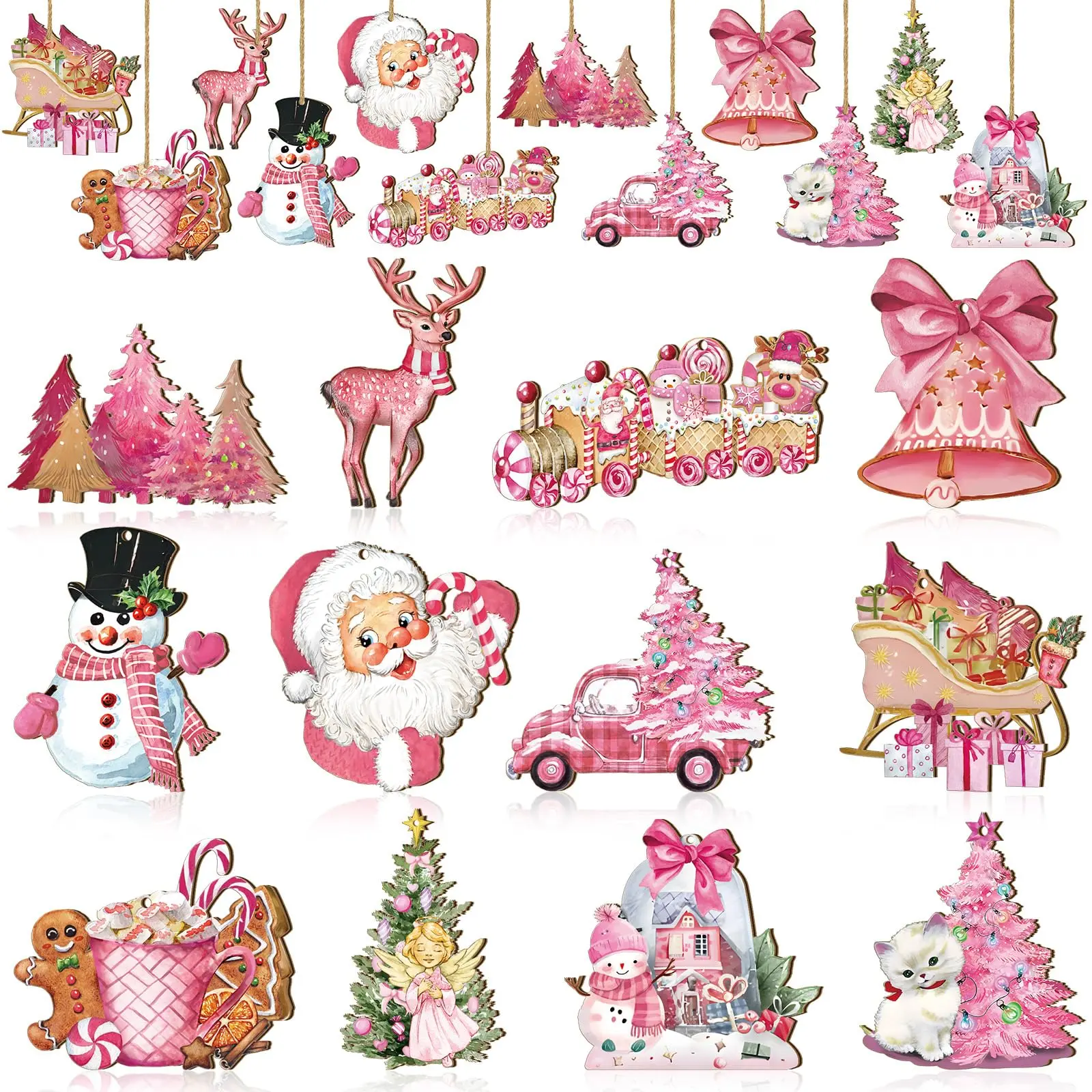 36 Pcs Christmas Ornaments Set Cute Pink Christmas Santa Claus Snowman Design Wooden Hanging Ornaments Christmas Decorations for Xmas Tree Holiday Party Home Decor Winter Crafts Supplies Christmas Gift Pink Girly Aesthetic