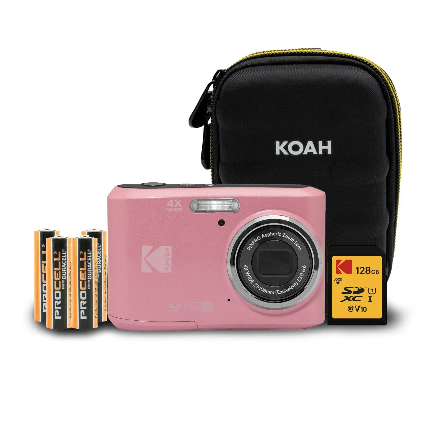 Kodak PixPro FZ45 Portable Compact Digital Camera - 16MP, Adjustable Lens, Button-Operated, Pink, Batteries, Shoulder Strap, Belt Loop, SD Memory Card, Protective Case