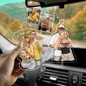 Custom Valentines Couple Portrait Car Charm, Personalised Watercolour Couple Car Visor Clip, Drive Safe I Love You Gifts For Boyfriend