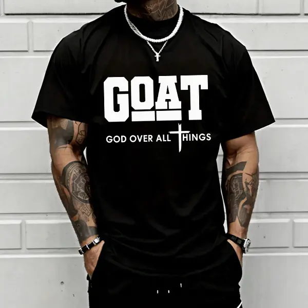 Men's "God Over All" Graphic T-shirt - 100% Cotton, Breathable Loose Streetwear, Urban Faith Style, Crew Neck, Everyday Outdoor Casual Top, Trendy Christian Apparel, TikTok Shop Spring Glow Up, Gifts for Him, Good Graphic Tees, Shortsleeve