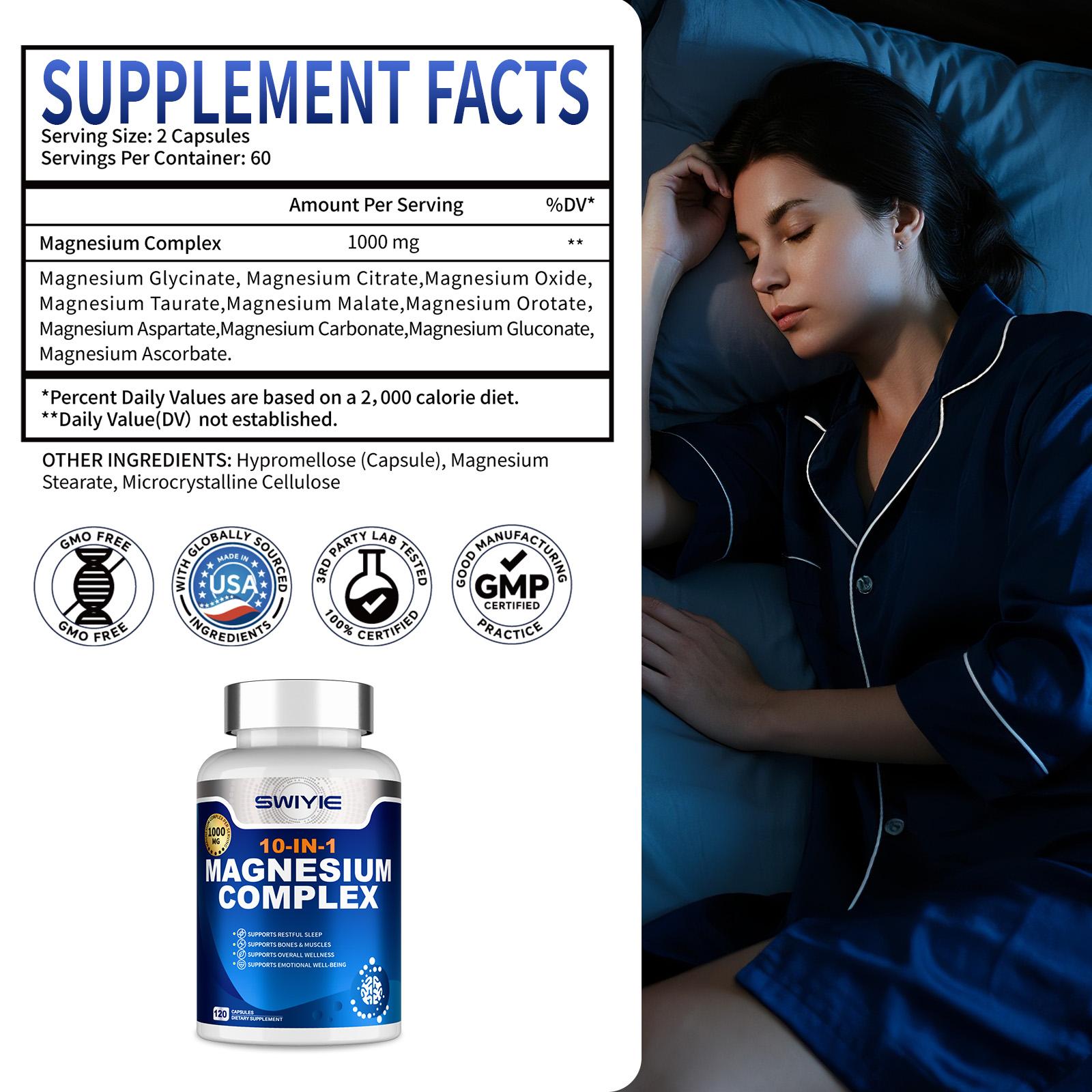 SWIYIE 10-in-1 Magnesium Complex 1000mg Vegan Capsules for Muscle Heart & Relaxation Support 120 Edible Dietary Supplement