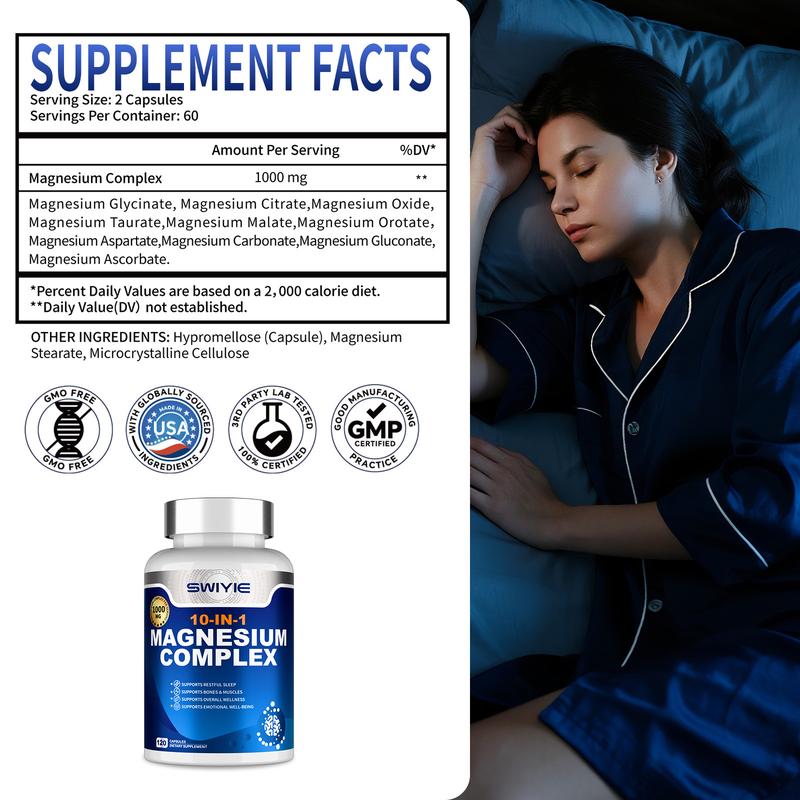 SWIYIE  10-in-1 Magnesium Complex 1000mg - Supplement with Glycinate Citrate Malate Oxide Taurate Aspartate Orotate, Vegan Capsules for Muscle, Heart, and Relaxation Support 120 capsules