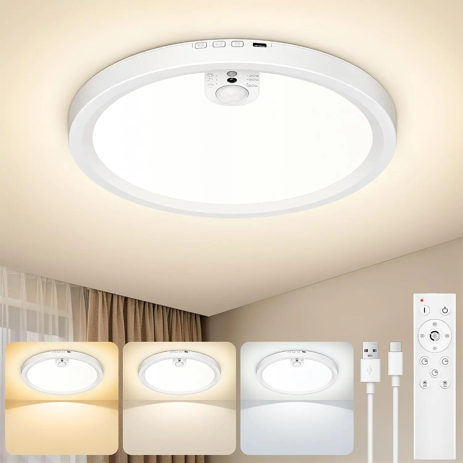 Afootry Motion Sensor Ceiling Light Indoor, 7000mAh Rechargeable Battery Operated Light with Remote, 3CCT Dimmable 30/60/120s Timer, Magnetic Wireless Closet Light for Shower Bathroom Hallway, 1/2pcs