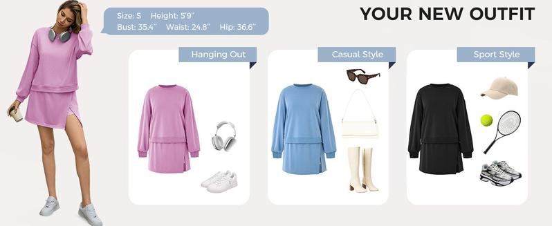 Fisoew Womens 2 Piece Outfits Casual Crewneck Sweatshirt High Waisted Split Skort Skirts Workout Matching Lounge Sets