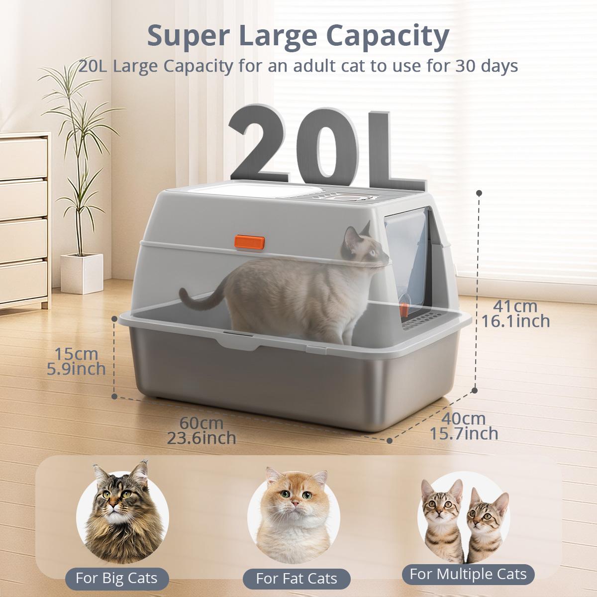 DOMIPET 3IN1 Stainless Steel Cat Litter Box 20L with Lid, XL Cat Litter Pan, Enclosed Metal Litter Box with 2x Litter Scoop & Filter Pedal, Front & Top Dual Entry, Large Metal Litter Box High Sided Design,Anti-Urine Leakage, EasyCleaning