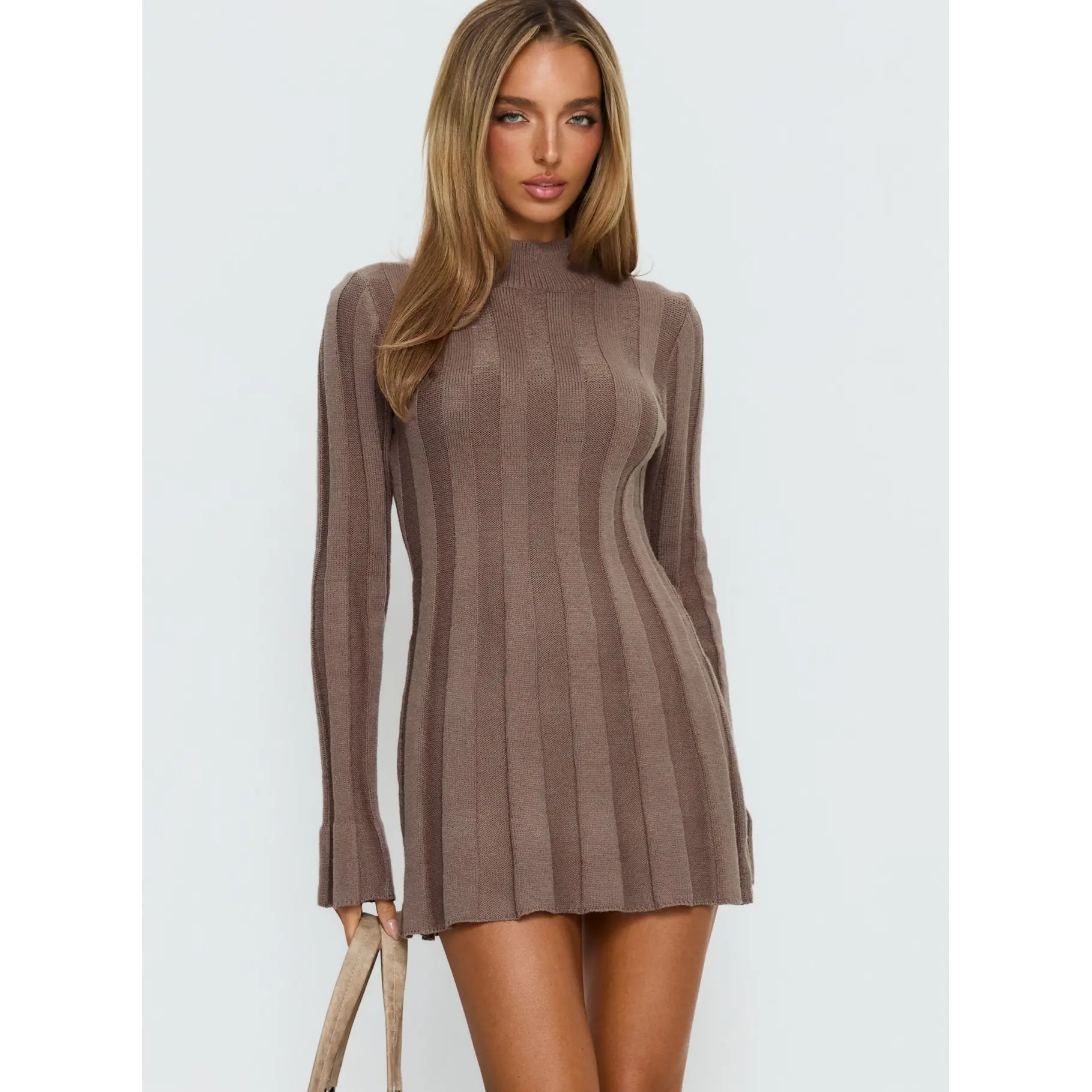 Carlee Rib Long Sleeve Mini Dress Mocha