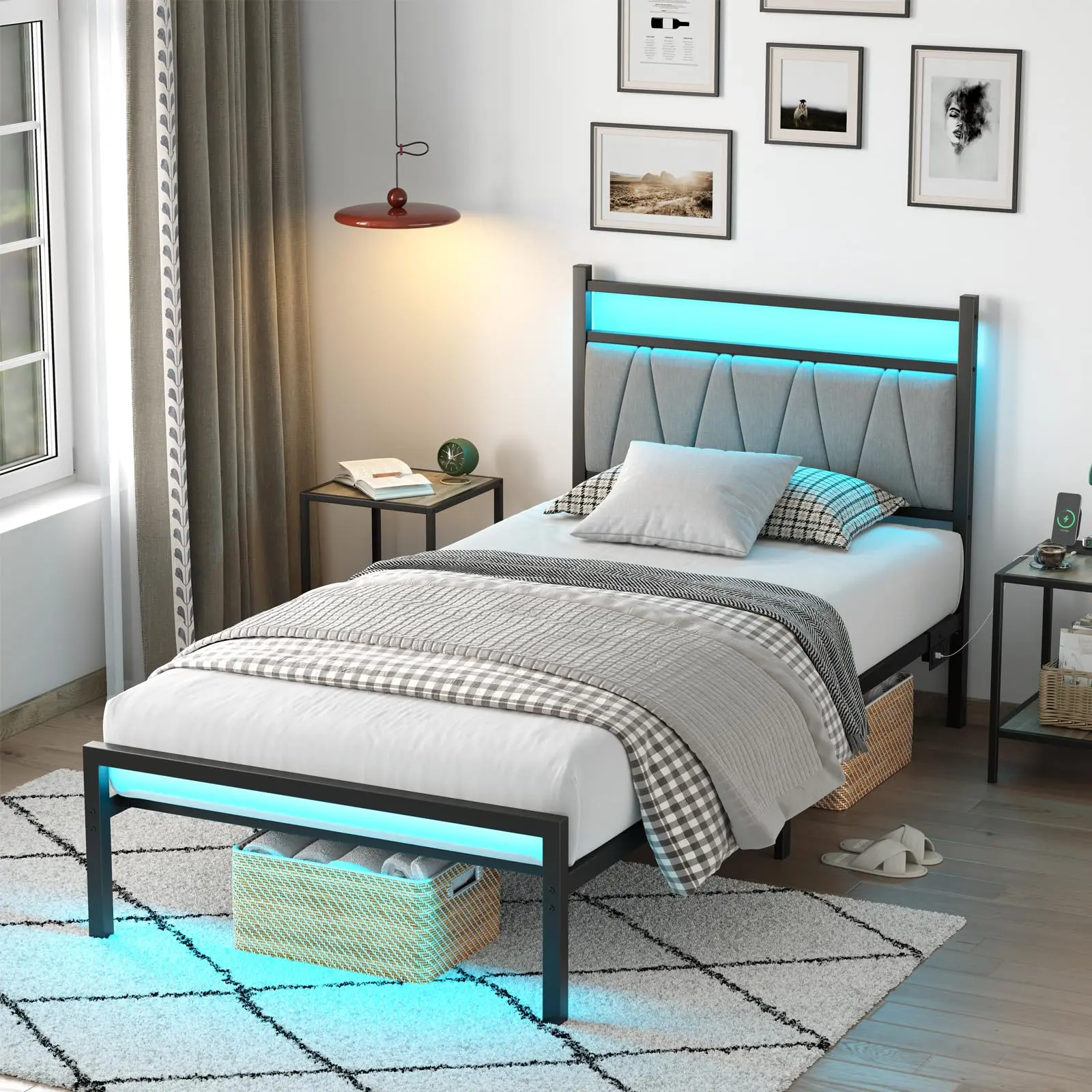 Twin / Full Size Heavy Duty Metal Bed Frame with Upholstered Tufted Headboard, APP & Remote Controlled RGB LED Lights, Built-in USB Charging Port, 10.2 Inch Under Bed Storage Clearance, Anti-Slip Mattress Support, Industrial Platform Bed Frame