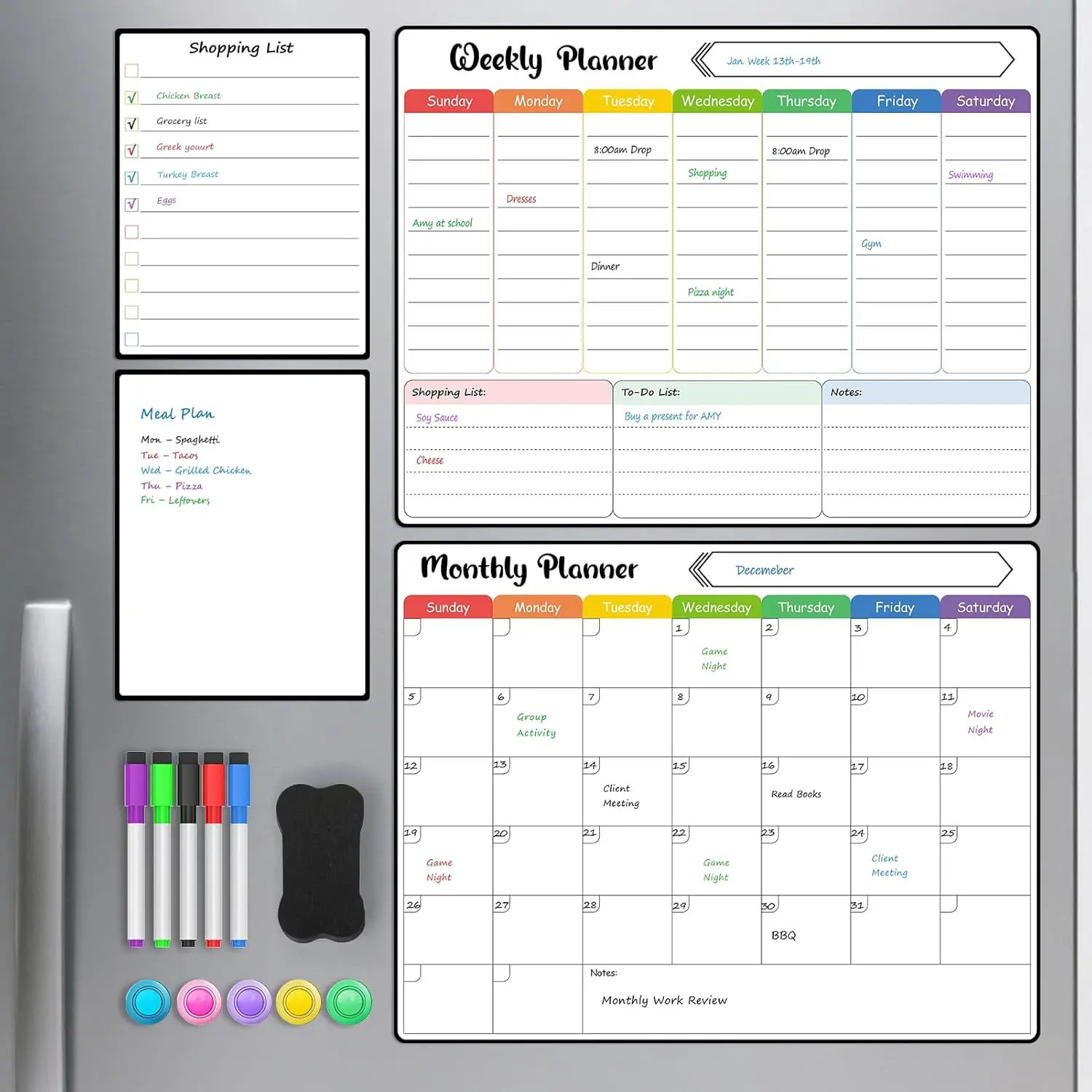 MaxGear 4-Pack Magnetic Refrigerator Organizer Whiteboard Set - 15x11.5 in Weekly Planner for Home, Full Magnetic Backing, Easy to Write On, 5 Markers, 1 Eraser, 5 Magnets, Office Stationery Accessories, Planning Tool