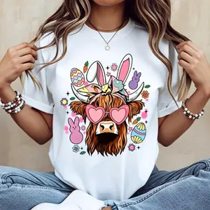 Cow With Bunny Ears And Easter Eggs Print T Shirt White Casual Round Neck Short Sleeve For Women Spring Festival Celebration