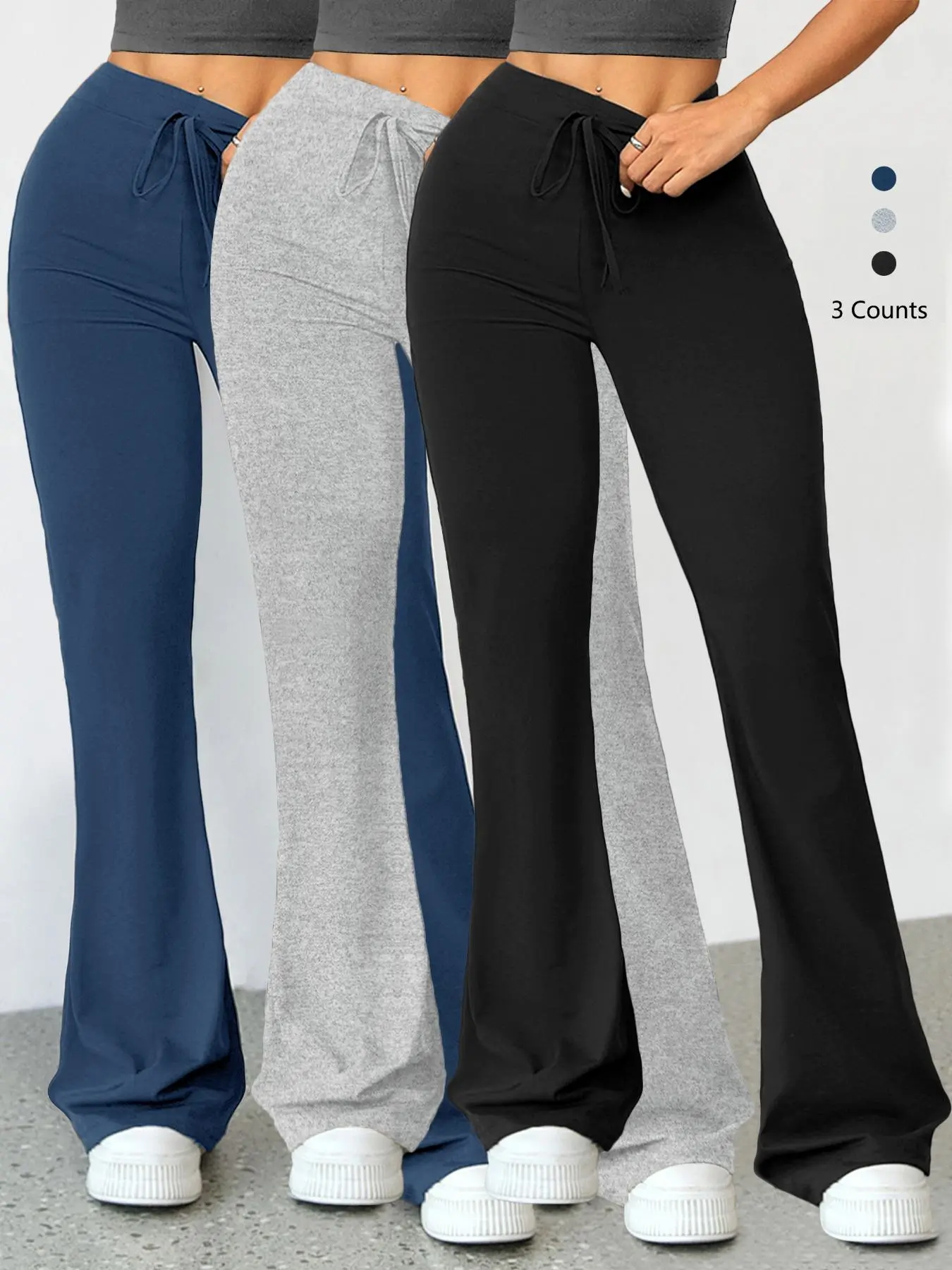 Women's Solid Drawstring High-Waisted Flare-Leg High-Stretch Casual Comfy Breathable High Stretch Sporty Bell Bottom Sports Leggings for Yoga, Workout & Running, Fall & Winter Sportswear, Activewear Bottoms, Athleisure Fitness Pants, High Waists Leggings