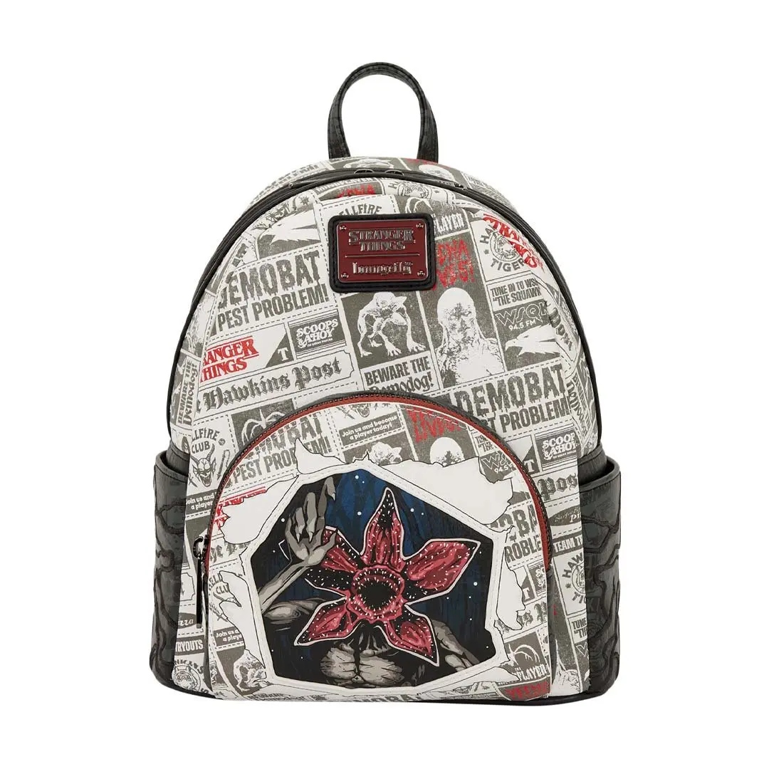 Loungefly Faux Leather Basic Graphic Mini Backpack Travel Bag for Adults - 9” W X 10.5” H X 4.5” D, Demogorgon Front, All Over Print, Adjustable Shoulder Strap, Casual Daypack, Zippered, Ad Clips, Demobat Design, Hand Wash Only Functional Luggage Bag