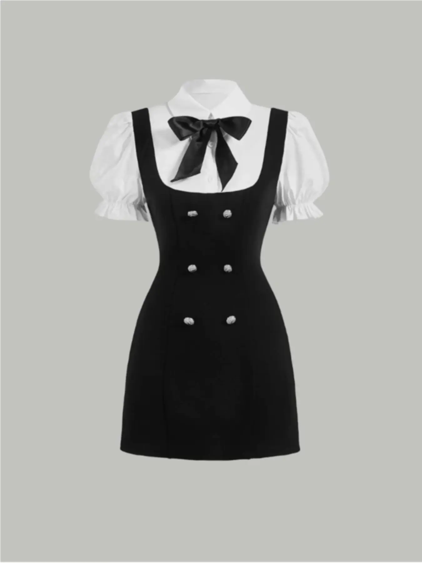 Sweet Cute Two-In-One Knit Summer Button Collared Dress with Lion Head Buckles, Button, Detachable Bow, Preppy Style, Elegant, Chic, Fashionable and Versatile for School and Youth, Casual Wear, Fitted Womenswear, Button Up Dress