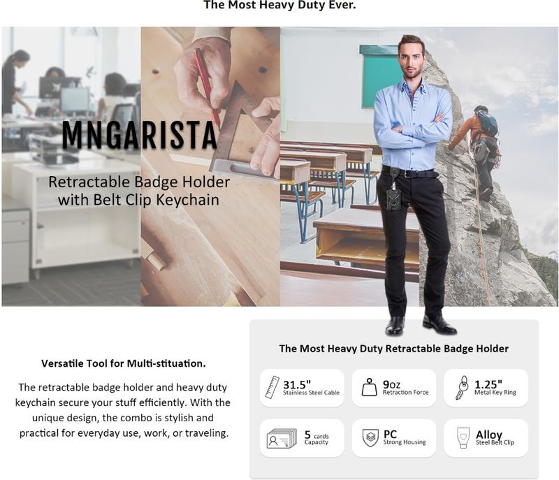 MNGARISTA Retractable Badge Holder and Heavy Duty Keychain with Belt Clip 31.5" Cord 9oz Retraction Tactical ID Card Protector Multifunctional Durable Organizer Workwear Everyday Carry