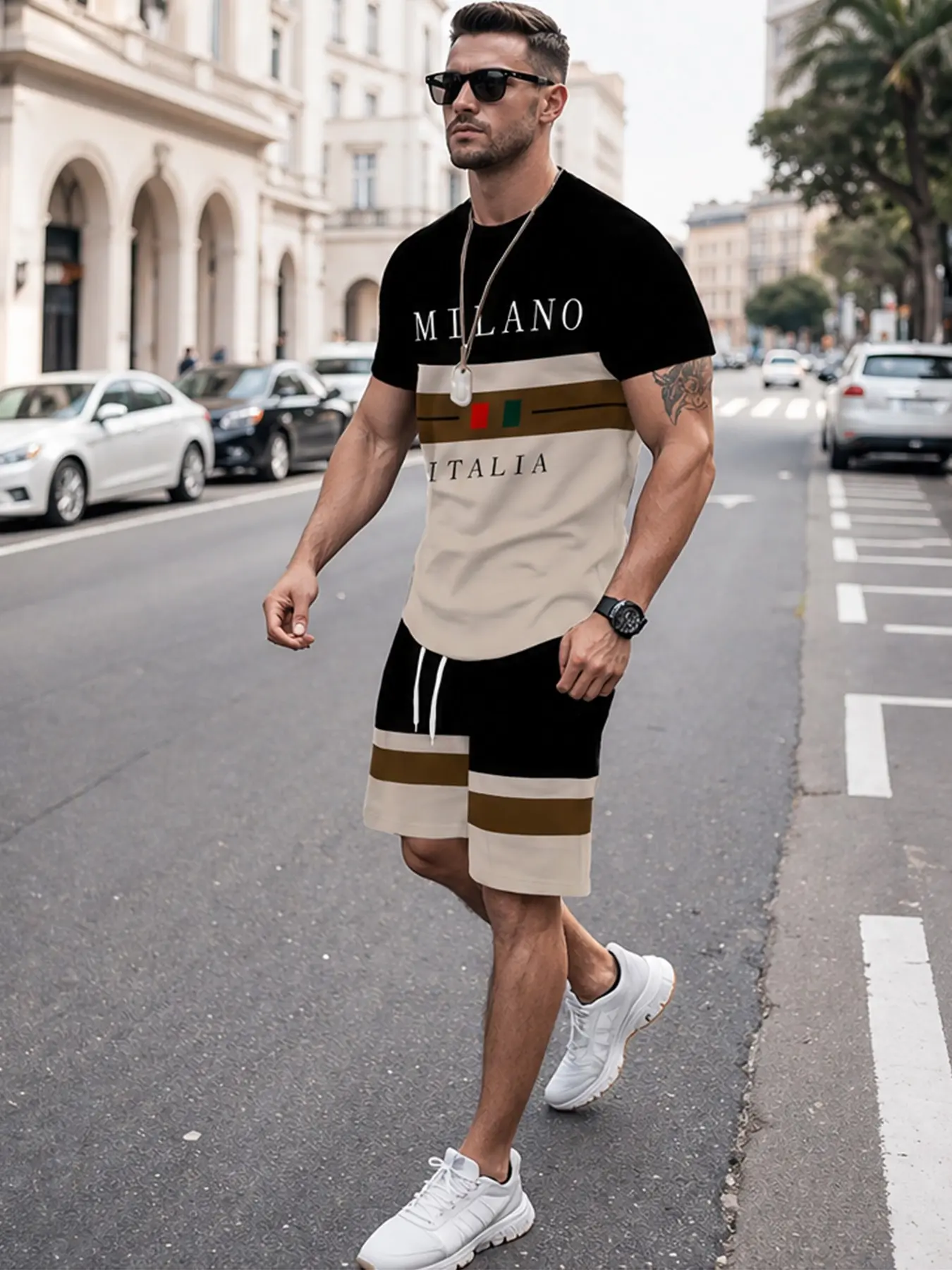 New High-Quality Letter Colorblock Stripes Print Men's Summer Casual Fashion Athletic T-Shirt and Shorts Matching Two-Piece Set, Comfortable and Stylish