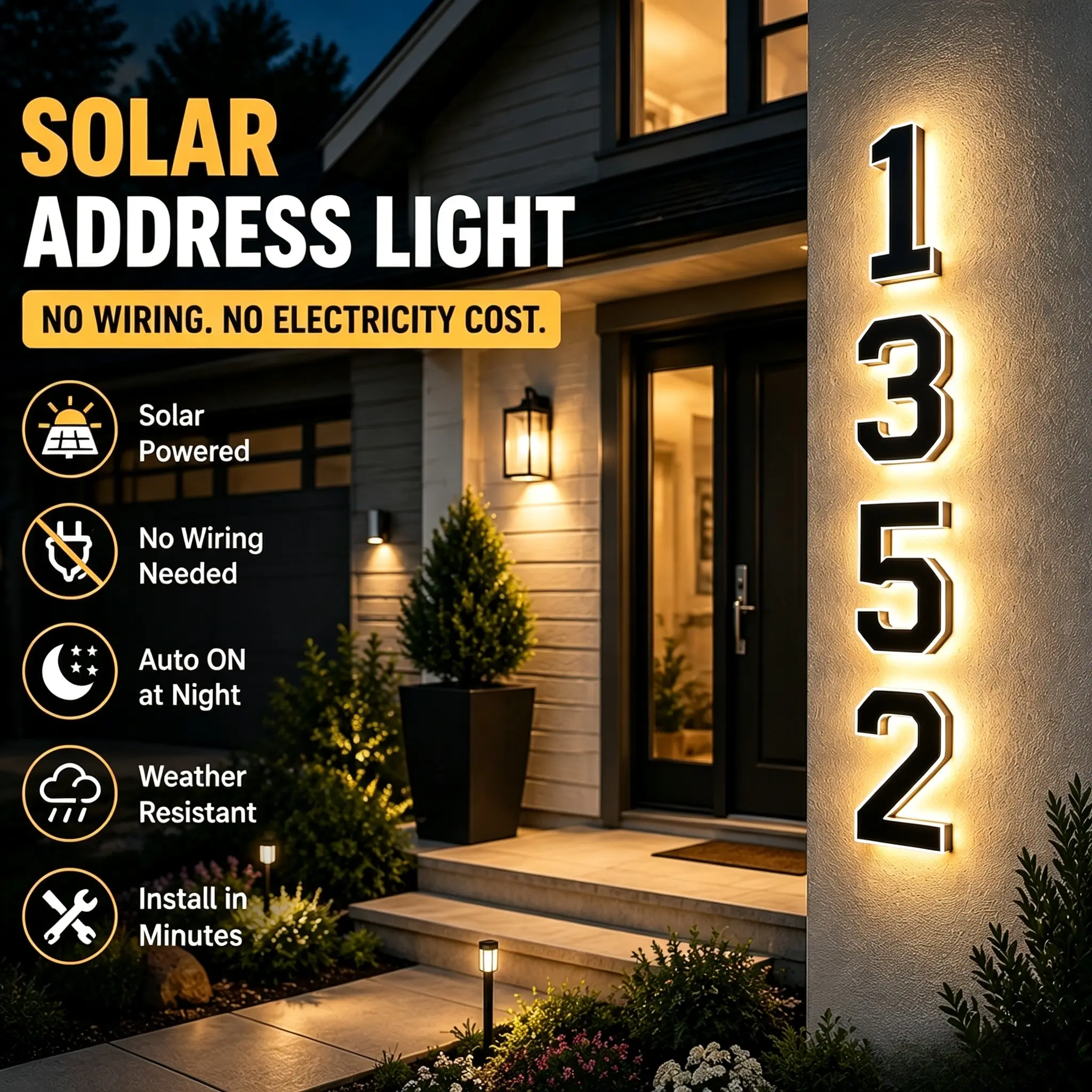 9-inch Outdoor Solar Numbered House Address Light, IP44 Waterproof / Smart Light-Sensor LED Address number Sign, No Wiring Required, Entry Door Decorative lamp Light home decor