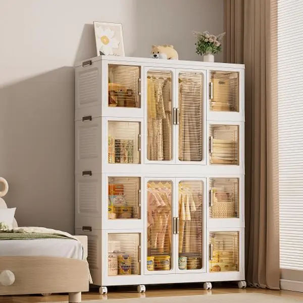 Bellemave Portable Freestanding Vertical Wardrobe Closet Armoire - White Heavy-Duty Indoor Storage Furniture for Small Spaces, with 12 Magnetic Lock Doors, 12 Cubes, 2 Hanging Rods, 16 Hangers, Collapsible, Expandable, Waterproof Closet Storage, Foldable,