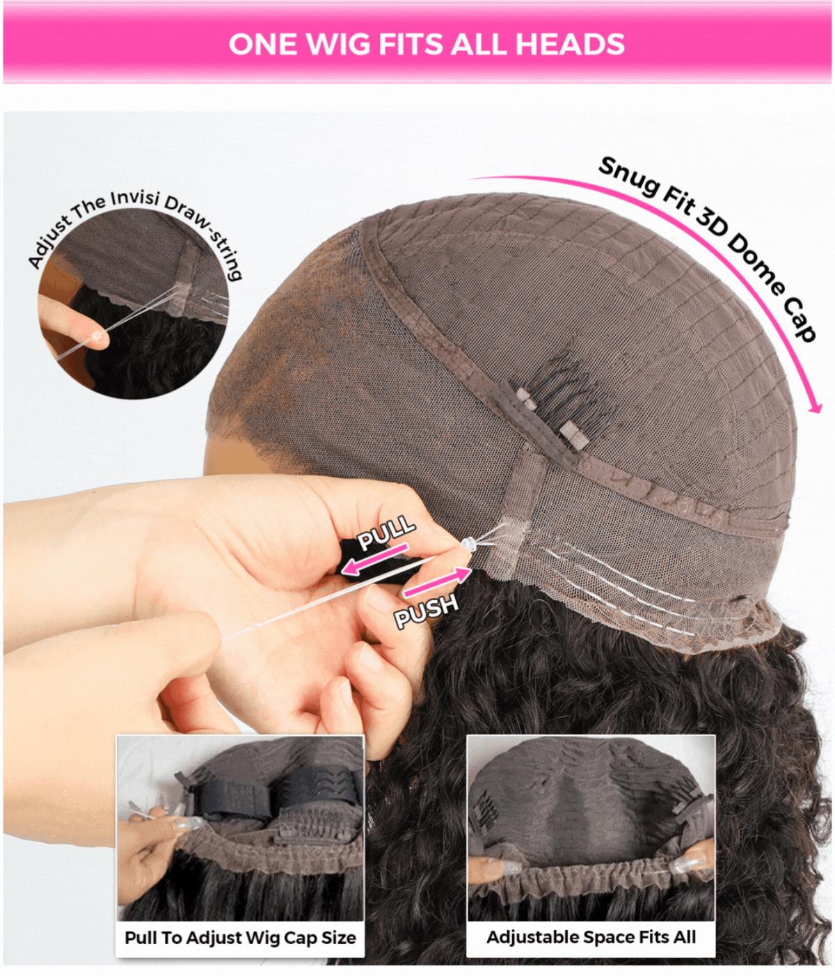 CurlyMe Water Wave / Kinky Straight Invisi Strap Snug Fit 360 Transparent Lace Frontal Human Hair Wigs Wear Go Glueless Wig Bleached Knots Pre Cut Lace Pre Plucked Realistic Hairline Beginner Friendly