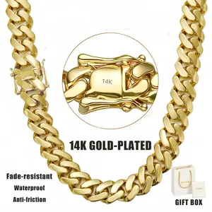 Miami Men's 14K Gold Plated Cuban Chain boyfriend Necklace Set 8MM-22MM Fade-Resistant Waterproof Hip-Hop bling set men Jewelry Valentine's Day Gift Tarnish Free Waterproof non-tarnish stainless steel durable accessory
