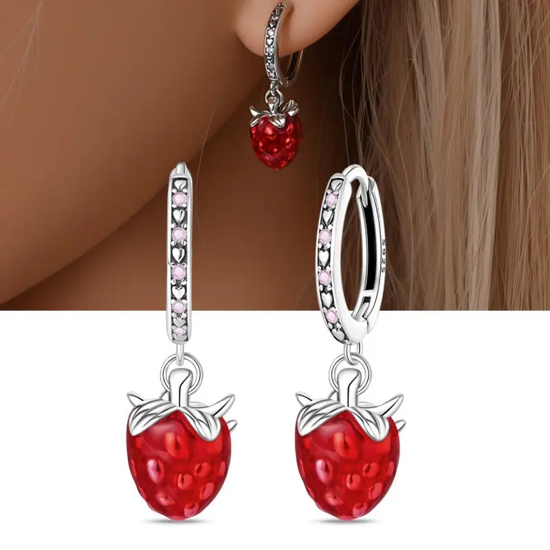 Women's 925 Sterling Silver Hypoallergenic Strawberry Dangle Earrings - Sweet Fruit Design, Fashionable 5G Jewelry, Ideal for Daily Wear & All Seasons, Christmas Gifts, Mother's Day Gifts