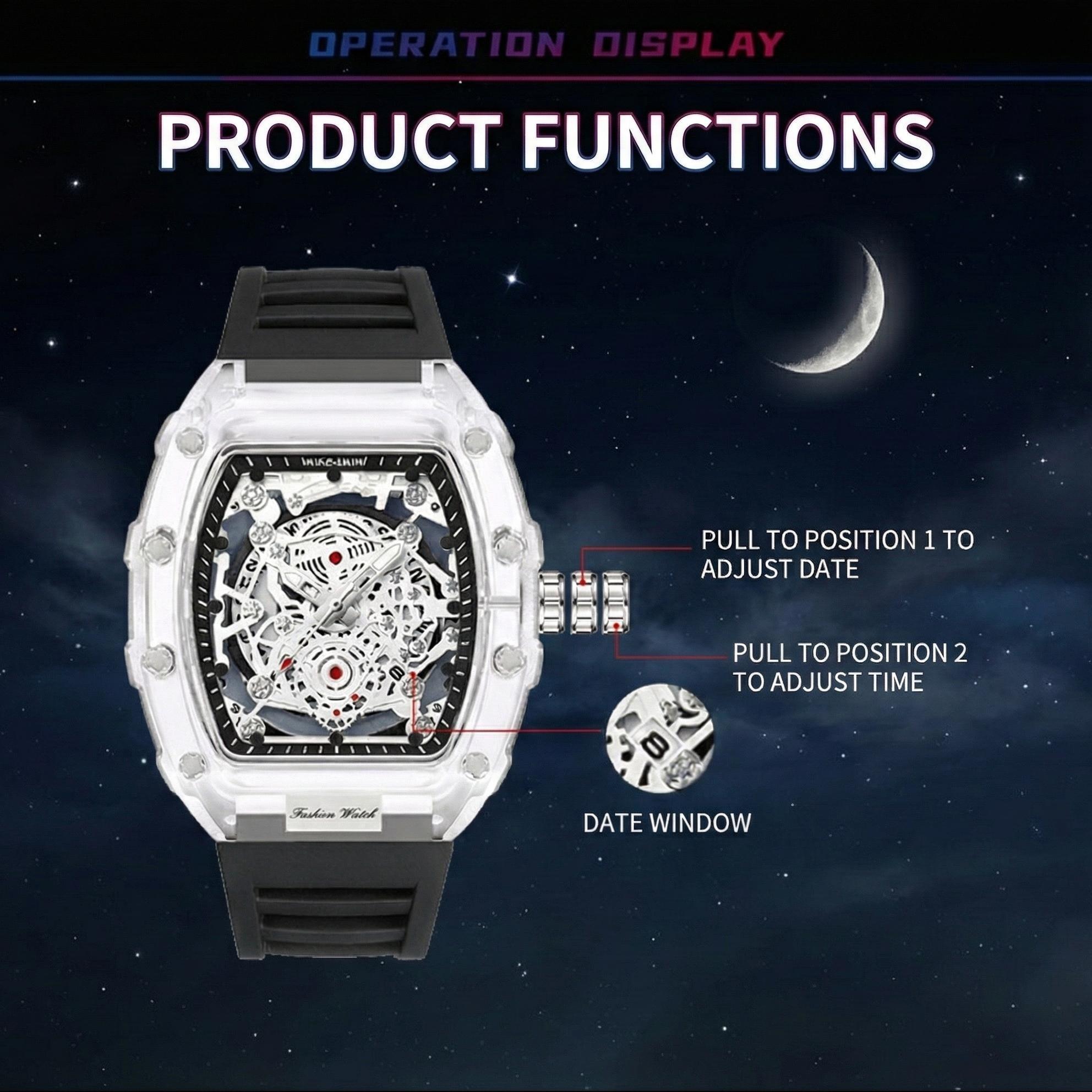 Men's Luxury Transparent Waterproof Barrel-Shaped Tonneau Skeleton Quartz Watch with Calendar Display Luminous Markers Water Resistant Wristwatch for Daily Party Outdoor Use Great Birthday Gift Idea with Tin Box Included & Bracelet