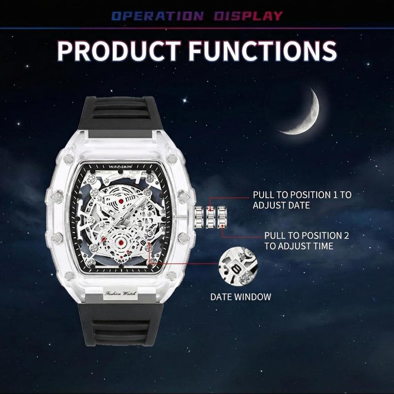 Men's Luxury Transparent Waterproof Barrel-Shaped Tonneau Skeleton Quartz Watch with Calendar Display & Luminous Markers Water Resistant Wristwatch for Daily Party & Outdoor Use Great Birthday Gift Idea with Tin Box Included