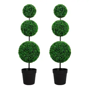 3FT 4FT UV-Resistant Artificial Triple Ball Boxwood Topiary Set of 2, All-Weather Outdoor & Indoor Decor for Garden, Porch, Entryway