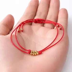 Couple Red String Bracelets Adjustable With Gold Beads (Set of 2)