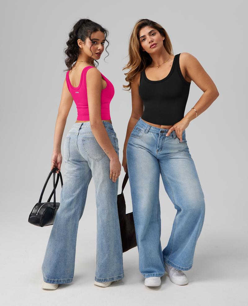 OQQ Women's Seamless Ribbed Square Neck Tank Top  With Padded Casual Basic Tops For Layering And Everyday Wear