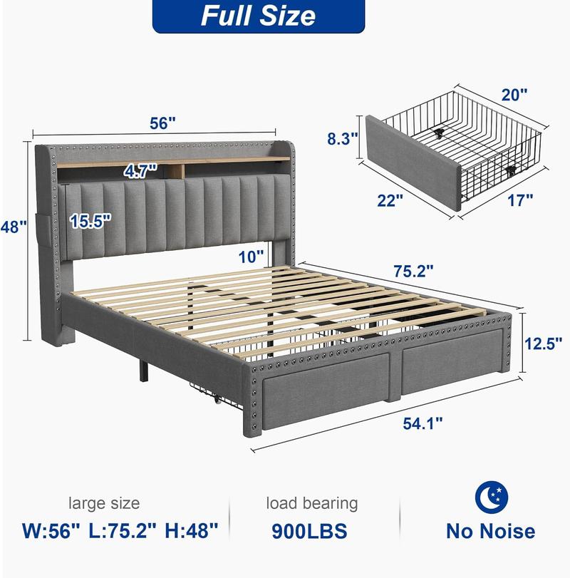 Bed Frame with Headboard and Storage, MATTRESS NOT INCLUDED OR OFFERED, Upholstered  Bed Frame with Storage, 2 Drawers,, NO Noise, No Box Spring Needed