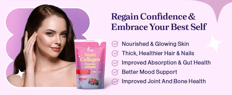 Fuel Multi Collagen Peptides Hydrolized ALL IN ONE Beauty Powder 11 Ingredients for Glowing Skin Healthy Hair & Nail Care GMO-Free Dietary Supplement Mixed Berry Flavor 20g Protein Digestive Enzymes Biotin Resveratrol Hyaluronic Acid