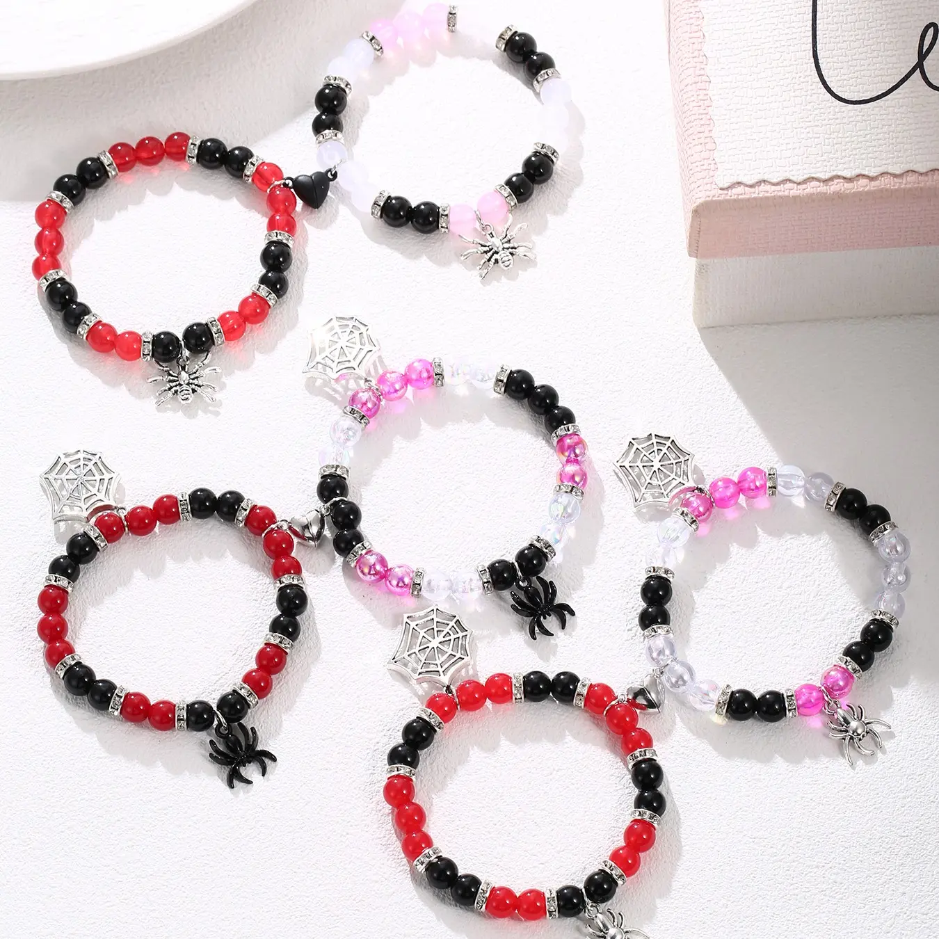 Couples' 6-Piece Matching Plastic Heart Charm Bracelet Sets - Elastic, Magnetic Charms, Animal Spider Pendants, Casual Everyday Wear with Exquisite Details