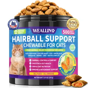 WEALLIN Cat Hairball Support Chews 500 Count | Crunchy Krill Core Chicken Flavor | Furball & Shedding Support | Skin Coat Care | For All Cats